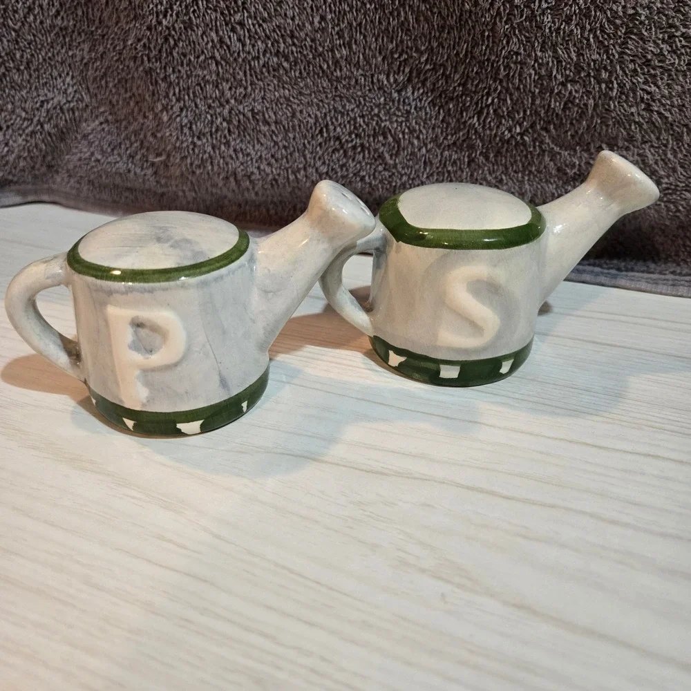Vintage Ceramic Watering Can Salt and Pepper Shakers Set Green White Farmhouse